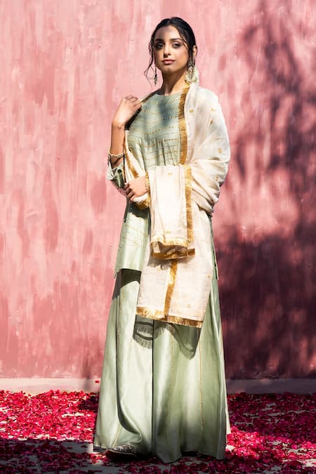 Shop_Weaver Story_Green Chanderi Silk Embroidery, Fringe, Gota Patti Round Neck Kurta Set _Online_at_Aza_Fashions