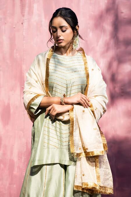 Weaver Story_Green Chanderi Silk Embroidery, Fringe, Gota Patti Round Neck Kurta Set _at_Aza_Fashions