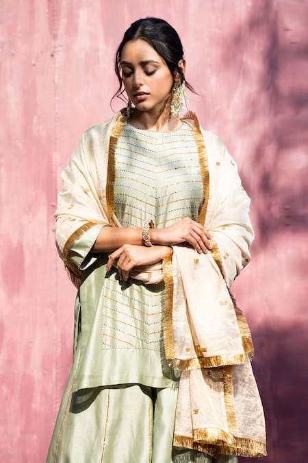 Weaver Story_Gold Embroidery Gota Buttis Dupatta _Online_at_Aza_Fashions