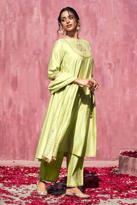 Weaver Story Green Chanderi Silk Embroidery, Gota Patti Boat Neck Kurta Set Online at Aza Fashions Weaver Story_Green Chanderi Silk Embroidery, Gota Patti Boat Neck Kurta Set _Online_at_Aza_Fashions