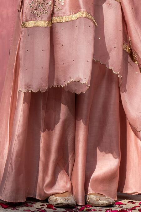 Weaver Story Pink Chanderi Silk Gota Patti, Sequins, Beads V-neck Kurta Sharara Set Online at Aza Fashions Weaver Story_Pink Chanderi Silk Gota Patti, Sequins, Beads V-neck Kurta Sharara Set _Online_at_Aza_Fashions