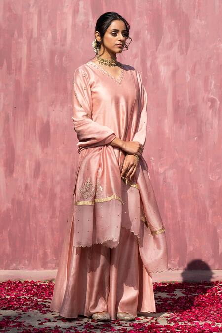 Buy Weaver Story Pink Chanderi Silk Gota Patti, Sequins, Beads V-neck Kurta Sharara Set Online at Aza Fashions Buy_Weaver Story_Pink Chanderi Silk Gota Patti, Sequins, Beads V-neck Kurta Sharara Set _Online_at_Aza_Fashions