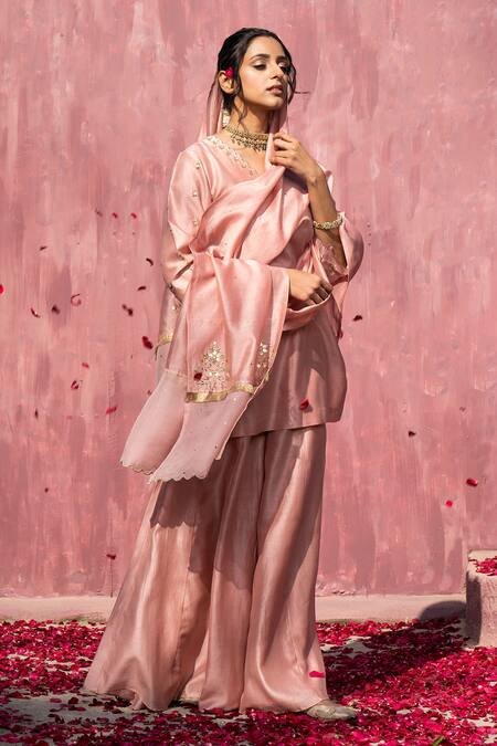 Shop Weaver Story Pink Chanderi Silk Gota Patti, Sequins, Beads V-neck Kurta Sharara Set Online at Aza Fashions Shop_Weaver Story_Pink Chanderi Silk Gota Patti, Sequins, Beads V-neck Kurta Sharara Set _Online_at_Aza_Fashions