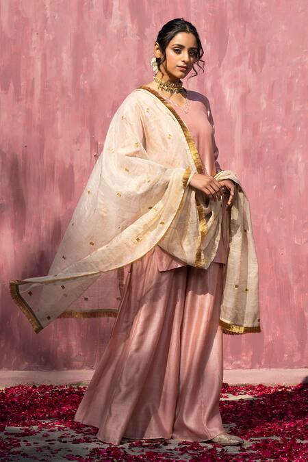 Weaver Story Pink Chanderi Silk Lace, Gota Patti Scoop Sleeve Embroidered Kurta Sharara Set Online at Aza Fashions Weaver Story_Pink Chanderi Silk Lace, Gota Patti Scoop Sleeve Embroidered Kurta Sharara Set _Online_at_Aza_Fashions