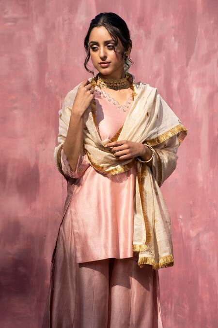 Shop Weaver Story Pink Chanderi Silk Lace, Gota Patti Scoop Sleeve Embroidered Kurta Sharara Set Online at Aza Fashions Shop_Weaver Story_Pink Chanderi Silk Lace, Gota Patti Scoop Sleeve Embroidered Kurta Sharara Set _Online_at_Aza_Fashions