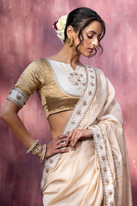 Weaver Story Gold Tissue, Chanderi Silk Gota Patti, Embroidery Keyhole Floral Bodice Blouse Online at Aza Fashions Weaver Story_Gold Tissue, Chanderi Silk Gota Patti, Embroidery Keyhole Floral Bodice Blouse _Online_at_Aza_Fashions