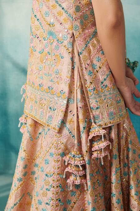 SUHINO_Peach Silk, Organza Gota Patti, Embroidery Round Neck Jacket With Lehenga Set _Online_at_Aza_Fashions