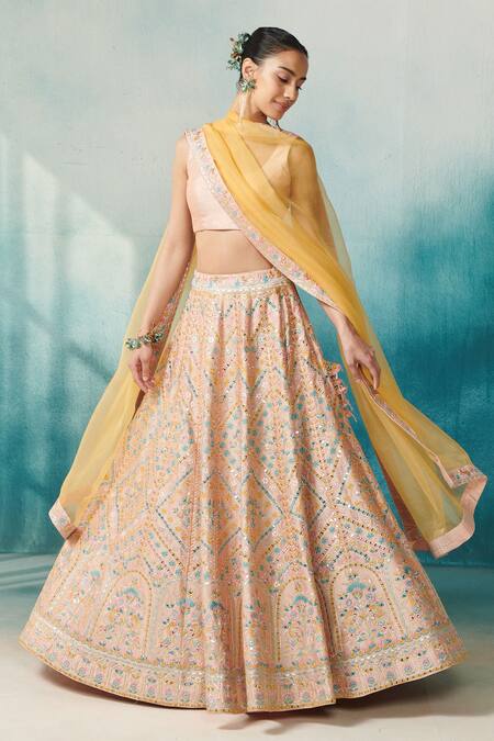 Buy_SUHINO_Peach Silk, Organza Gota Patti, Embroidery Round Neck Jacket With Lehenga Set _Online_at_Aza_Fashions