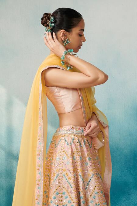 Shop SUHINO Peach Silk, Organza Gota Patti, Embroidery Round Neck Jacket With Lehenga Set Online at Aza Fashions Shop_SUHINO_Peach Silk, Organza Gota Patti, Embroidery Round Neck Jacket With Lehenga Set _Online_at_Aza_Fashions