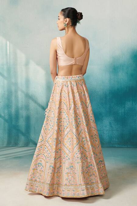 SUHINO_Peach Silk, Organza Gota Patti, Embroidery Round Neck Jacket With Lehenga Set _at_Aza_Fashions