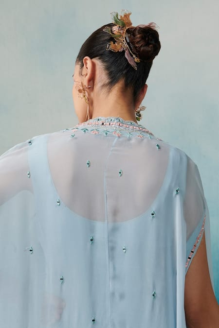 SUHINO_Blue Georgette, Cotton Embroidery Round Neck Dress With Cape _Online_at_Aza_Fashions