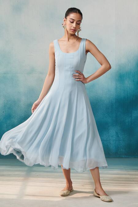 Buy_SUHINO_Blue Georgette, Cotton Embroidery Round Neck Dress With Cape _Online_at_Aza_Fashions