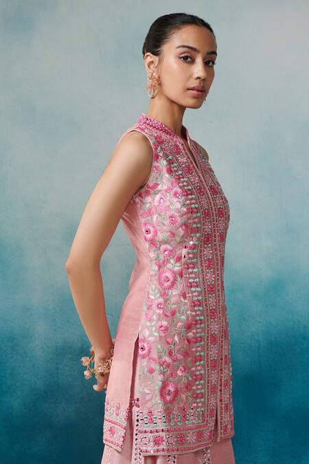Buy SUHINO Pink Silk, Organza, Cotton Embroidery Collared Straight Kurta Gharara Set Online at Aza Fashions Buy_SUHINO_Pink Silk, Organza, Cotton Embroidery Collared Straight Kurta Gharara Set _Online_at_Aza_Fashions