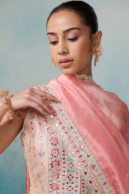 SUHINO Peach Silk, Organza Gota Patti, Mirrors, Embroidery Bandeau Kurta Gharara Set Online at Aza Fashions SUHINO_Peach Silk, Organza Gota Patti, Mirrors, Embroidery Bandeau Kurta Gharara Set _Online_at_Aza_Fashions