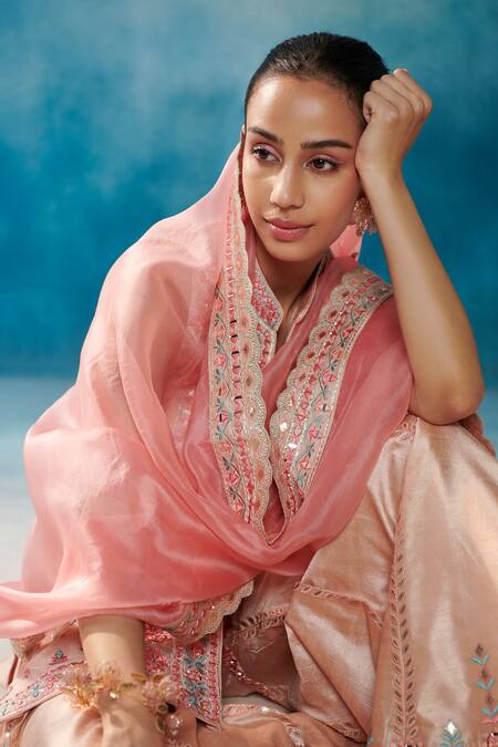 Shop SUHINO Peach Silk, Organza Gota Patti, Mirrors, Embroidery Bandeau Kurta Gharara Set Online at Aza Fashions Shop_SUHINO_Peach Silk, Organza Gota Patti, Mirrors, Embroidery Bandeau Kurta Gharara Set _Online_at_Aza_Fashions