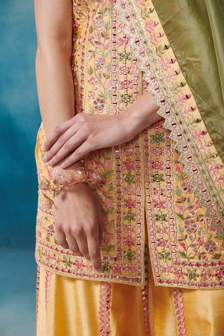 SUHINO_Yellow Silk, Organza Embroidery, Tassels Mandarin Floral Kurta Gharara Set _Online_at_Aza_Fashions