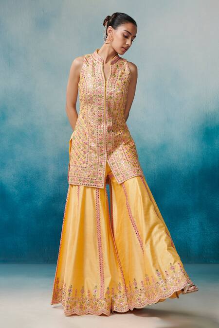 Buy SUHINO Yellow Silk, Organza Embroidery, Tassels Mandarin Floral Kurta Gharara Set Online at Aza Fashions Buy_SUHINO_Yellow Silk, Organza Embroidery, Tassels Mandarin Floral Kurta Gharara Set _Online_at_Aza_Fashions