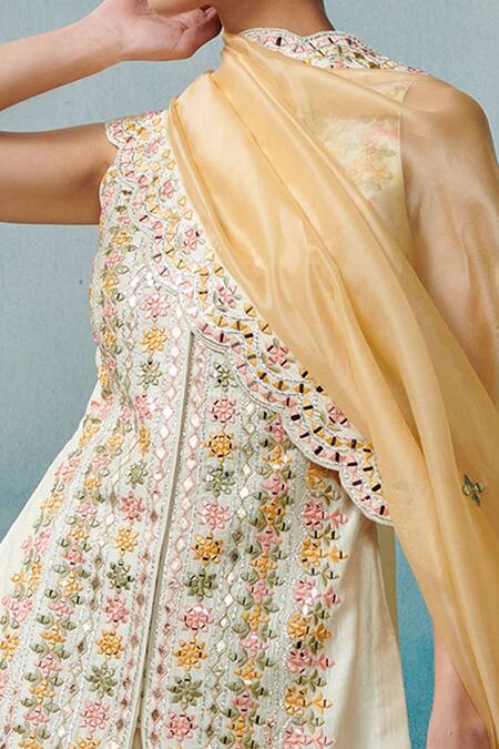 SUHINO White Silk, Organza Gota Patti, Mirrors, Embroidery, Straight Kurta Gharara Set Online at Aza Fashions SUHINO_White Silk, Organza Gota Patti, Mirrors, Embroidery, Straight Kurta Gharara Set _Online_at_Aza_Fashions