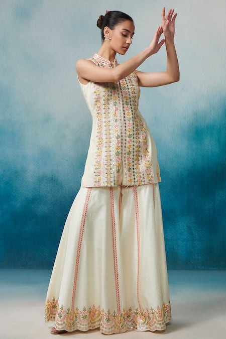 Buy SUHINO White Silk, Organza Gota Patti, Mirrors, Embroidery, Straight Kurta Gharara Set Online at Aza Fashions Buy_SUHINO_White Silk, Organza Gota Patti, Mirrors, Embroidery, Straight Kurta Gharara Set _Online_at_Aza_Fashions
