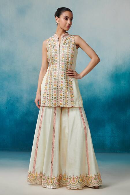 Shop SUHINO White Silk, Organza Gota Patti, Mirrors, Embroidery, Straight Kurta Gharara Set Online at Aza Fashions Shop_SUHINO_White Silk, Organza Gota Patti, Mirrors, Embroidery, Straight Kurta Gharara Set _Online_at_Aza_Fashions