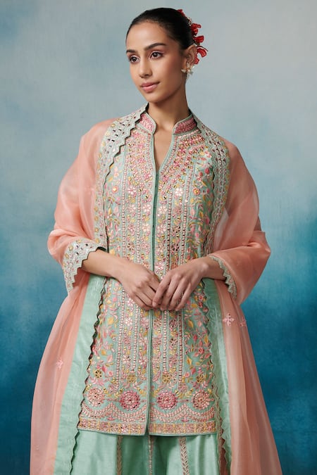 SUHINO Blue Silk, Organza, Cotton Gota Patti, Mirrors, Floral Leaf Kurta Gharara Set Online at Aza Fashions SUHINO_Blue Silk, Organza, Cotton Gota Patti, Mirrors, Floral Leaf Kurta Gharara Set _Online_at_Aza_Fashions