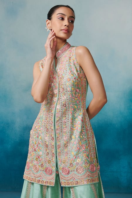 Shop SUHINO Blue Silk, Organza, Cotton Gota Patti, Mirrors, Floral Leaf Kurta Gharara Set Online at Aza Fashions Shop_SUHINO_Blue Silk, Organza, Cotton Gota Patti, Mirrors, Floral Leaf Kurta Gharara Set _Online_at_Aza_Fashions