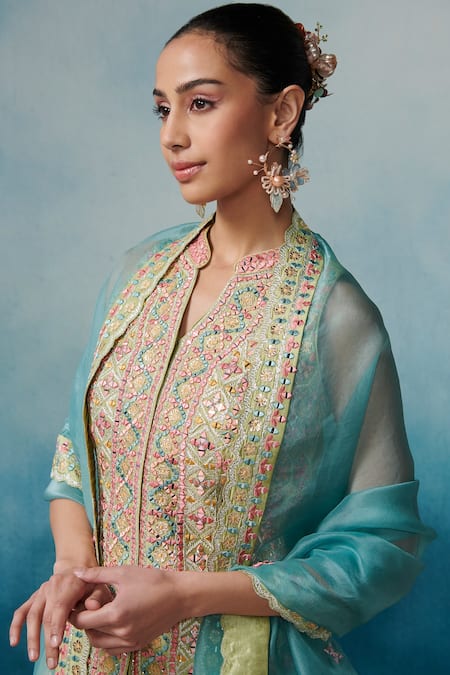 SUHINO Green Silk, Organza Gota Patti, Embroidery, Mirrors Geometric Kurta Gharara Set Online at Aza Fashions SUHINO_Green Silk, Organza Gota Patti, Embroidery, Mirrors Geometric Kurta Gharara Set _Online_at_Aza_Fashions