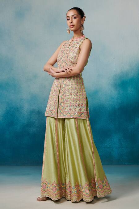 Buy SUHINO Green Silk, Organza Gota Patti, Embroidery, Mirrors Geometric Kurta Gharara Set Online at Aza Fashions Buy_SUHINO_Green Silk, Organza Gota Patti, Embroidery, Mirrors Geometric Kurta Gharara Set _Online_at_Aza_Fashions