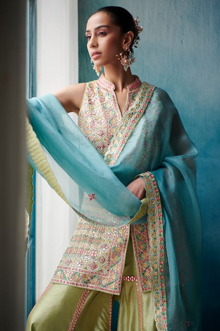Shop SUHINO Green Silk, Organza Gota Patti, Embroidery, Mirrors Geometric Kurta Gharara Set Online at Aza Fashions Shop_SUHINO_Green Silk, Organza Gota Patti, Embroidery, Mirrors Geometric Kurta Gharara Set _Online_at_Aza_Fashions