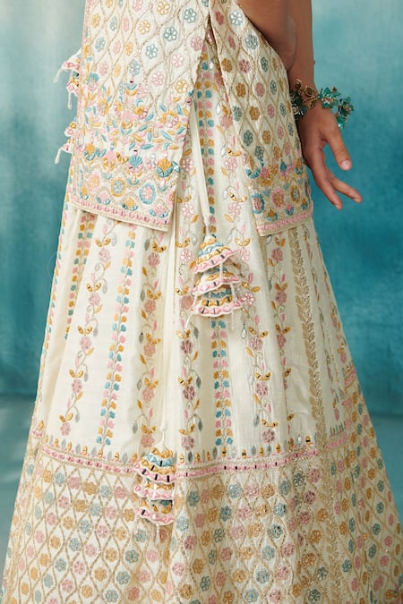 SUHINO_White Silk, Organza Mirrors, Gota Patti, Floral Leaf Jacket With Lehenga Set _Online_at_Aza_Fashions