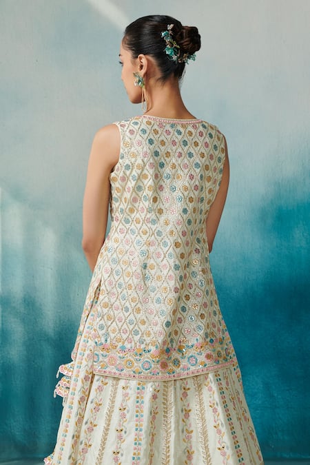 Buy SUHINO White Silk, Organza Mirrors, Gota Patti, Floral Leaf Jacket With Lehenga Set Online at Aza Fashions Buy_SUHINO_White Silk, Organza Mirrors, Gota Patti, Floral Leaf Jacket With Lehenga Set _Online_at_Aza_Fashions