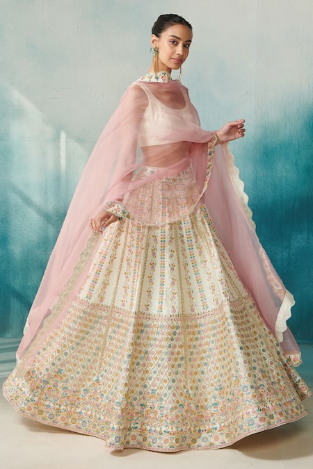 Shop_SUHINO_White Silk, Organza Mirrors, Gota Patti, Floral Leaf Jacket With Lehenga Set _Online_at_Aza_Fashions