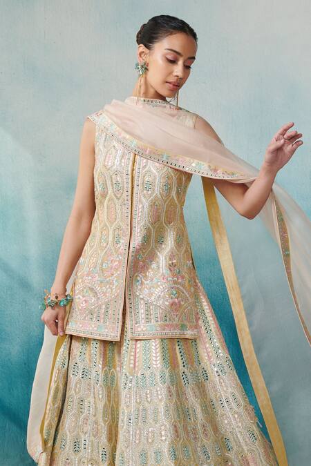Buy SUHINO Yellow Silk, Organza Gota Patti, Mirrors, Embroidery Jacket With Lehenga Set Online at Aza Fashions Buy_SUHINO_Yellow Silk, Organza Gota Patti, Mirrors, Embroidery Jacket With Lehenga Set _Online_at_Aza_Fashions