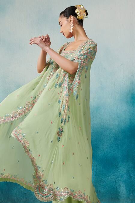 SUHINO Green Georgette, Cotton Gota Patti, Embroidery Square Neck Cape And Sharara Set Online at Aza Fashions SUHINO_Green Georgette, Cotton Gota Patti, Embroidery Square Neck Cape And Sharara Set _Online_at_Aza_Fashions
