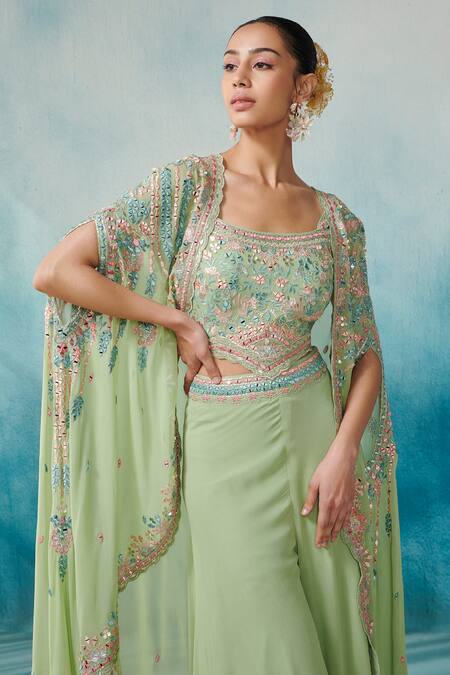 Buy SUHINO Green Georgette, Cotton Gota Patti, Embroidery Square Neck Cape And Sharara Set Online at Aza Fashions Buy_SUHINO_Green Georgette, Cotton Gota Patti, Embroidery Square Neck Cape And Sharara Set _Online_at_Aza_Fashions