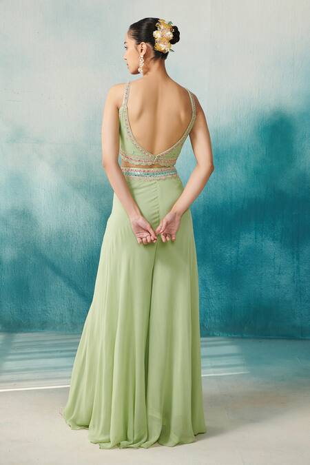 Shop_SUHINO_Green Georgette, Cotton Gota Patti, Embroidery Square Neck Cape And Sharara Set _Online_at_Aza_Fashions