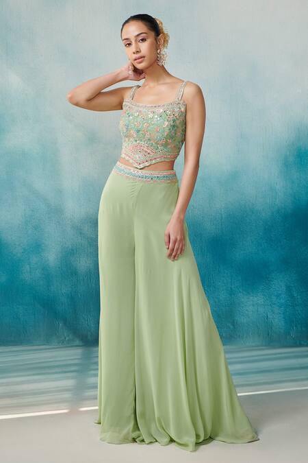 SUHINO Green Georgette, Cotton Gota Patti, Embroidery Square Neck Cape And Sharara Set at Aza Fashions SUHINO_Green Georgette, Cotton Gota Patti, Embroidery Square Neck Cape And Sharara Set _at_Aza_Fashions