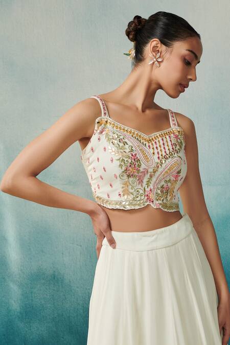 Buy_SUHINO_Off White Georgette, Cotton Embroidery Split V-neck Cape And Skirt Set _Online_at_Aza_Fashions