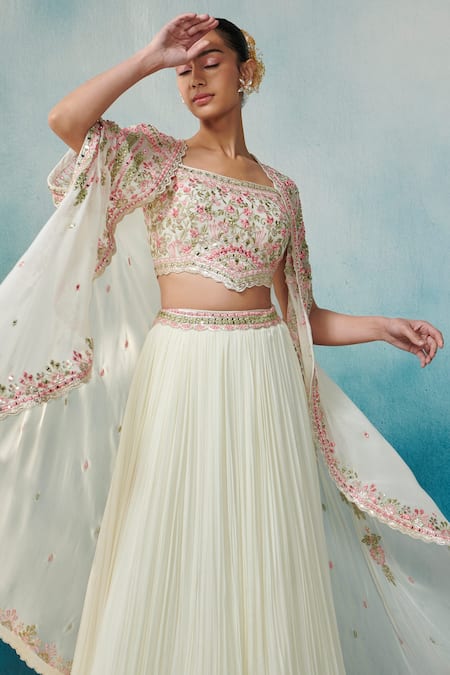 SUHINO Off White Georgette, Cotton Embroidery Square Neck Cape And Pleated Skirt Set Online at Aza Fashions SUHINO_Off White Georgette, Cotton Embroidery Square Neck Cape And Pleated Skirt Set _Online_at_Aza_Fashions