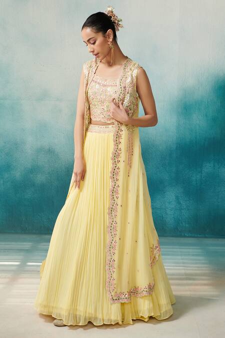 SUHINO_Yellow Georgette, Cotton Embroidery, Tassels Round Neck Cape And Pleated Skirt Set_Online_at_Aza_Fashions