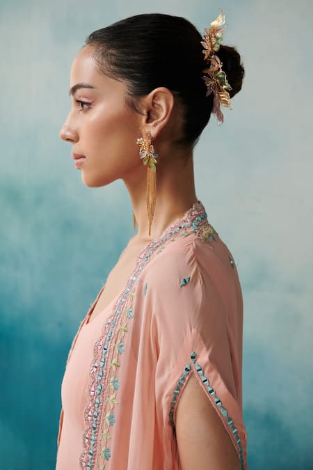 Buy_SUHINO_Peach Georgette, Cotton Embroidery Round Neck Dress With Cape _Online_at_Aza_Fashions