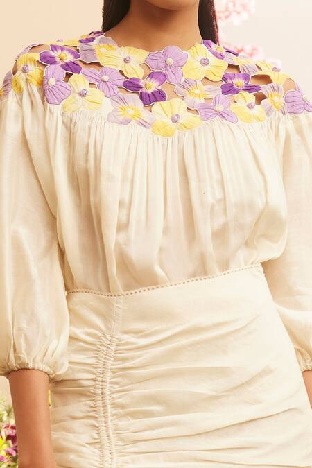 Chandrima_Ivory Chanderi Embroidery Round Neck Pansy Patch Work Yoke Top _Online_at_Aza_Fashions