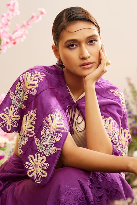 Chandrima_Purple Floral Embroidered Chanderi Cape _Online_at_Aza_Fashions