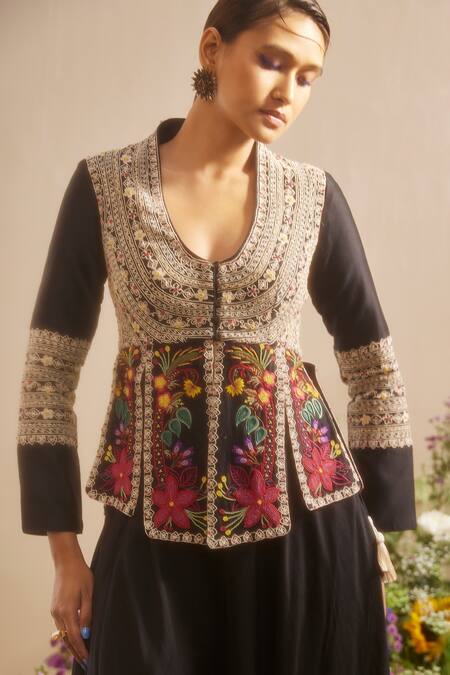 Chandrima_Black Chanderi Embroidery Round Neck Floral Panelled Jacket _Online_at_Aza_Fashions