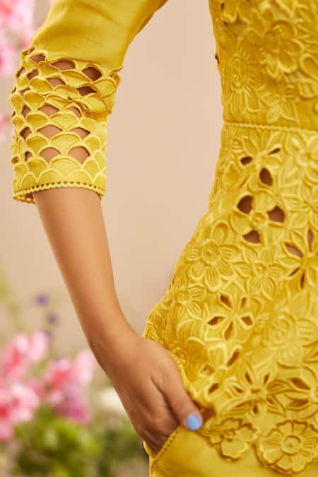 Buy_Chandrima_Yellow Chanderi Embroidery V-neck Flora Cut Work Peplum Jacket _Online_at_Aza_Fashions