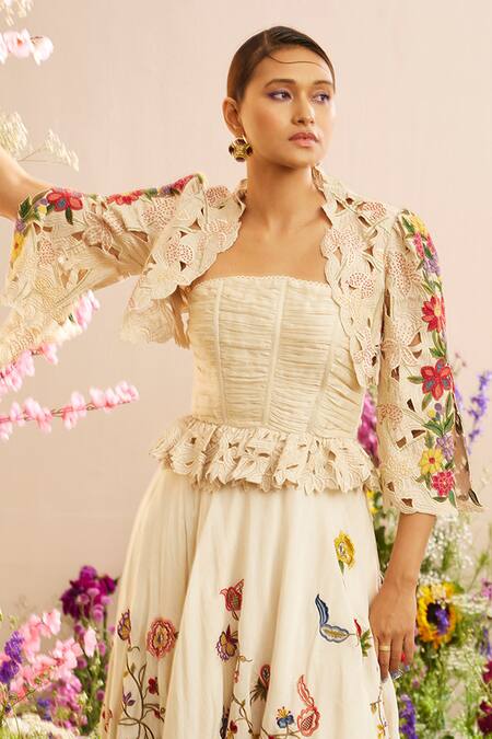 Buy Chandrima Ivory Chanderi Embroidery Square Neck Ruched Corset Online at Aza Fashions Buy_Chandrima_Ivory Chanderi Embroidery Square Neck Ruched Corset _Online_at_Aza_Fashions