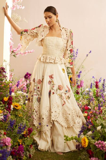 Chandrima_Ivory Chanderi Embroidery, Tassels Floral Thread Layered Lehenga _Online_at_Aza_Fashions