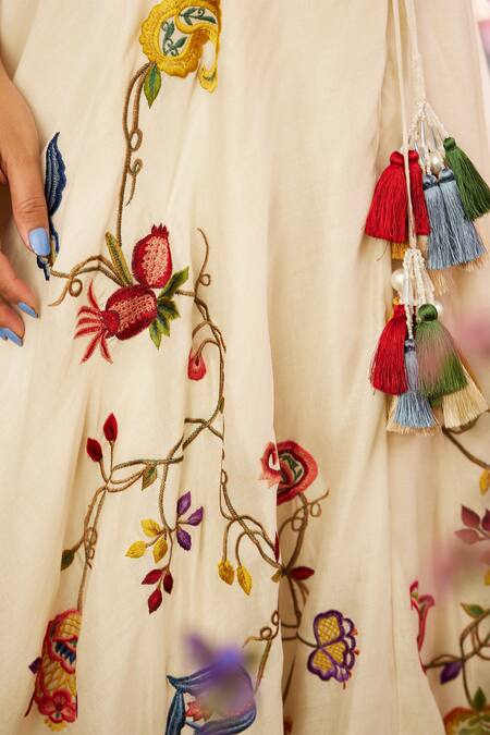 Buy_Chandrima_Ivory Chanderi Embroidery, Tassels Floral Thread Layered Lehenga _Online_at_Aza_Fashions