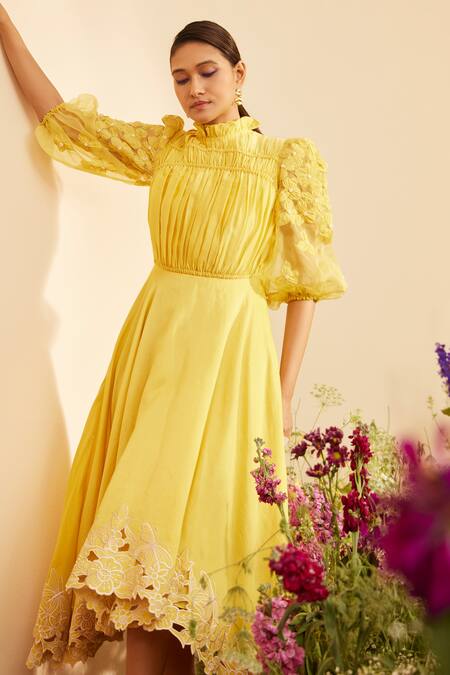 Chandrima_Yellow Chanderi Embroidery High Neck Cutwork Asymmetric Hem Dress _Online_at_Aza_Fashions