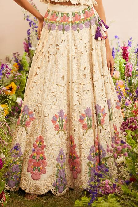Chandrima_Ivory Chanderi Cut Work, Lace, Tassels Botanical Lehenga _Online_at_Aza_Fashions
